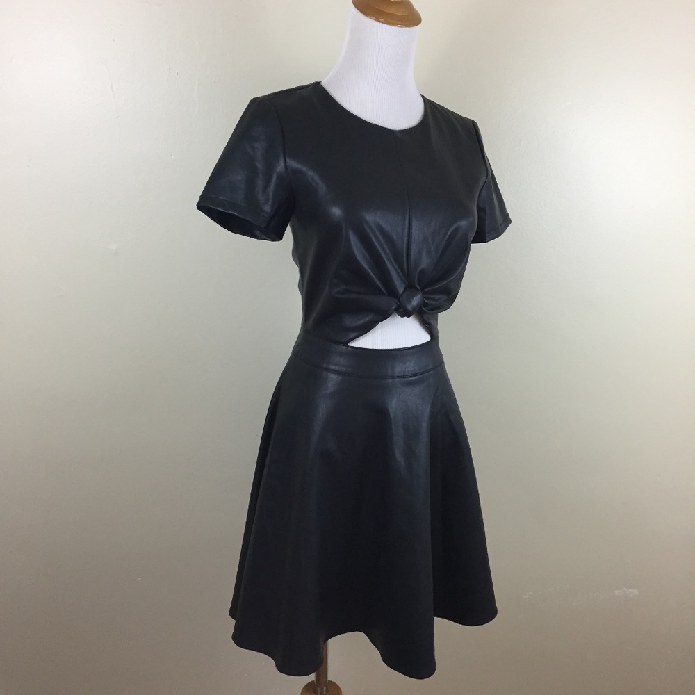 BEBE Soft Vegan Faux Leather Cut Out Midriff Mini Dress size 4